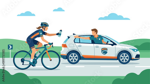 This flat design illustration vividly portrays the essential teamwork and support provided by a team vehicle to a cyclist during a race.