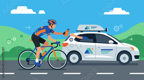 This flat design illustration vividly portrays the essential teamwork and support provided by a team vehicle to a cyclist during a race.
