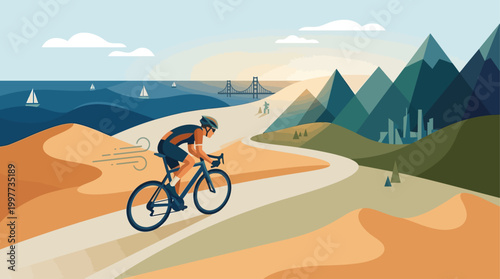 An imaginative flat design illustration of a cyclist racing through diverse global landscapes, symbolizing the international scale and adventurous spirit of a worldwide competition.