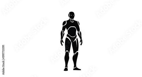 Black silhouette of a futuristic humanoid robot standing