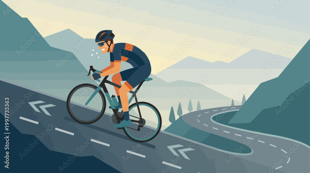 Fototapeta premium This flat design illustration dramatically depicts a cyclist's arduous uphill climb during a race, highlighting the intense effort and sheer endurance required.