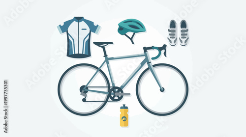 This flat design illustration presents a clean and organized display of essential cycling race gear and equipment.