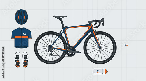 This flat design illustration presents a clean and organized display of essential cycling race gear and equipment.