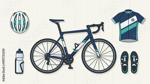 This flat design illustration presents a clean and organized display of essential cycling race gear and equipment.