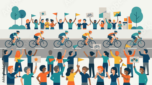 This vibrant flat design illustration captures the enthusiastic energy of diverse spectators cheering intensely during a cycling race.