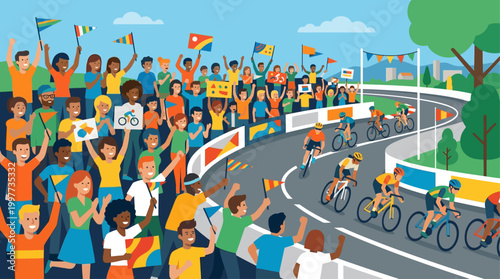 This vibrant flat design illustration captures the enthusiastic energy of diverse spectators cheering intensely during a cycling race.