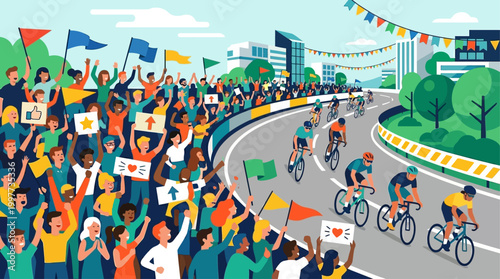 This vibrant flat design illustration captures the enthusiastic energy of diverse spectators cheering intensely during a cycling race.
