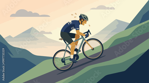 This flat design illustration dramatically depicts a cyclist's arduous uphill climb during a race, highlighting the intense effort and sheer endurance required.