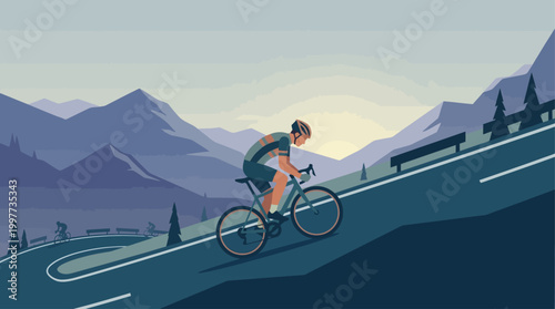 This flat design illustration dramatically depicts a cyclist's arduous uphill climb during a race, highlighting the intense effort and sheer endurance required.