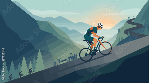 This flat design illustration dramatically depicts a cyclist's arduous uphill climb during a race, highlighting the intense effort and sheer endurance required.