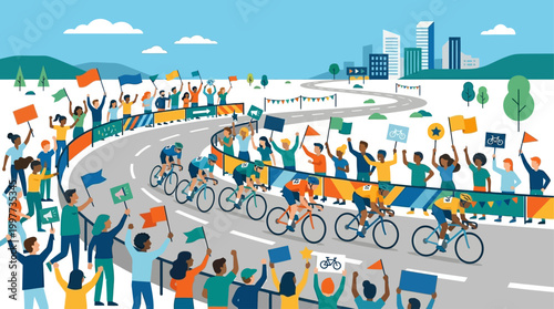 This vibrant flat design illustration captures the enthusiastic energy of diverse spectators cheering intensely during a cycling race.