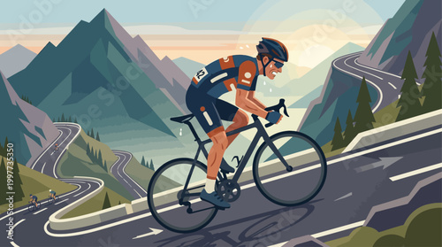 This flat design illustration dramatically depicts a cyclist's arduous uphill climb during a race, highlighting the intense effort and sheer endurance required.