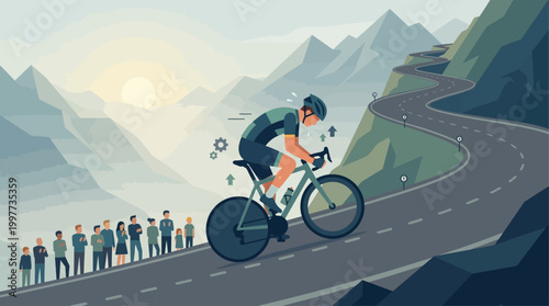 This flat design illustration dramatically depicts a cyclist's arduous uphill climb during a race, highlighting the intense effort and sheer endurance required.