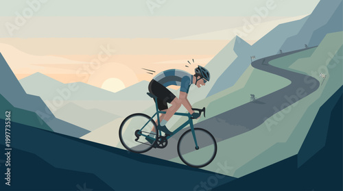 This flat design illustration dramatically depicts a cyclist's arduous uphill climb during a race, highlighting the intense effort and sheer endurance required.