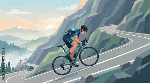 This flat design illustration dramatically depicts a cyclist's arduous uphill climb during a race, highlighting the intense effort and sheer endurance required.