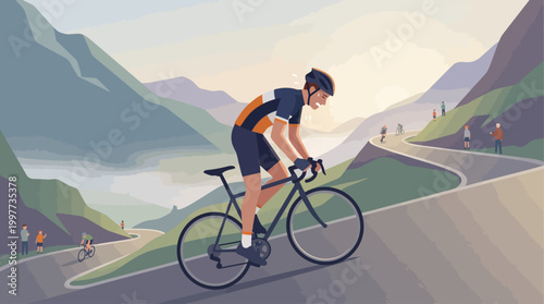 This flat design illustration dramatically depicts a cyclist's arduous uphill climb during a race, highlighting the intense effort and sheer endurance required.
