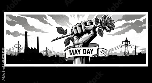 Symbolic monochrome illustration of a defiant clenched fist clutching a delicate rose, set against a stark industrial landscape, representing solidarity and workers' rights on International Labor Day