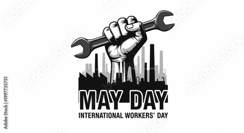 Powerful emblem of worker solidarity, featuring a strong fist gripping a wrench over an industrial backdrop, symbolizing labor rights, collective strength, and unity