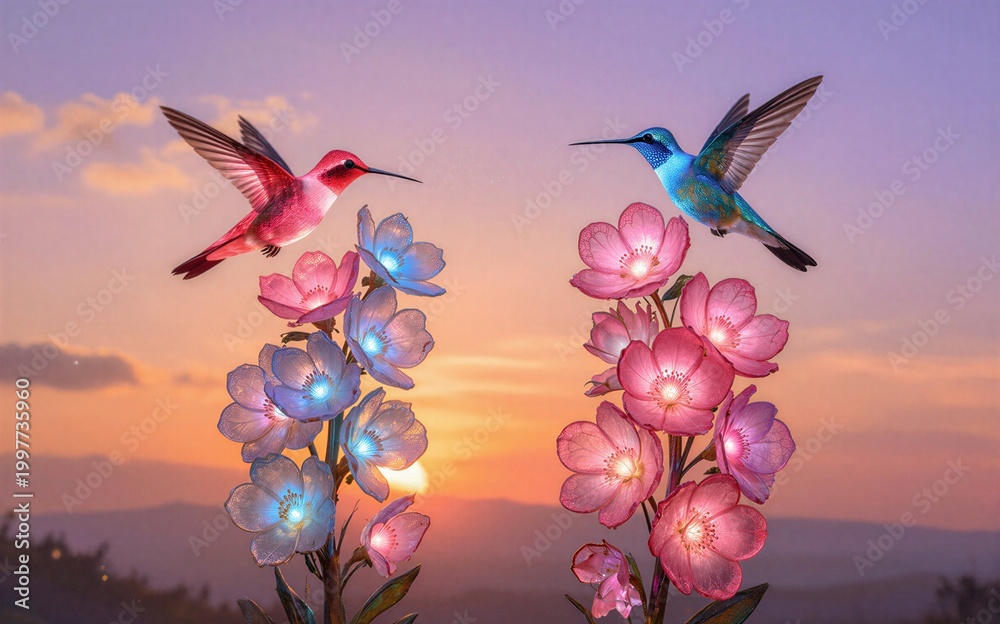 Fototapeta premium Colorful hummingbirds fly among glowing pink and blue flowers at