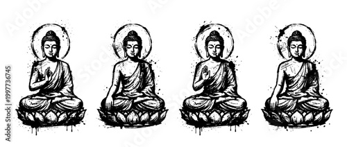 buddha statue , Grunge brush distressed paint splatter vector set 