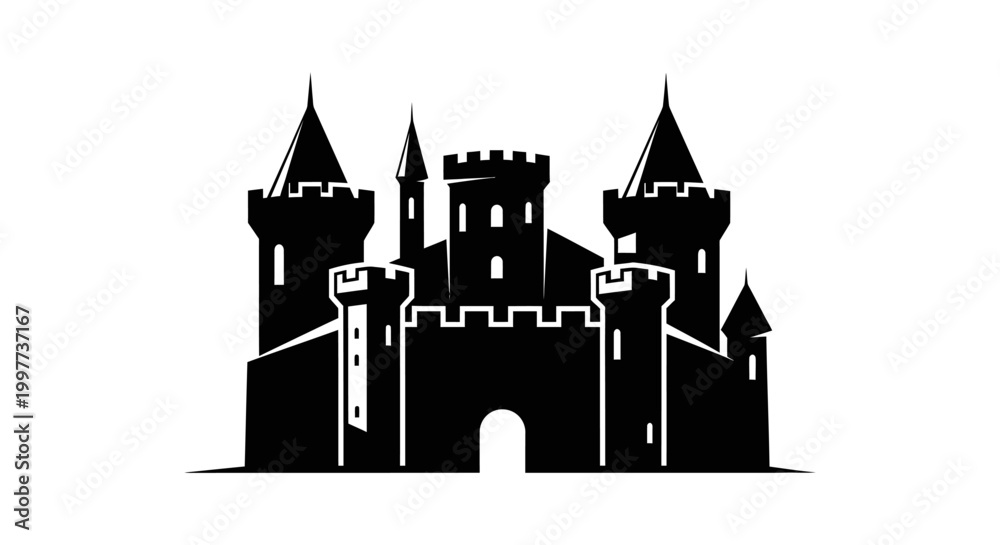 Obraz premium Black medieval castle silhouette on white background