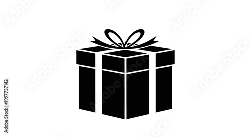 Black gift box silhouette with decorative bow on white background