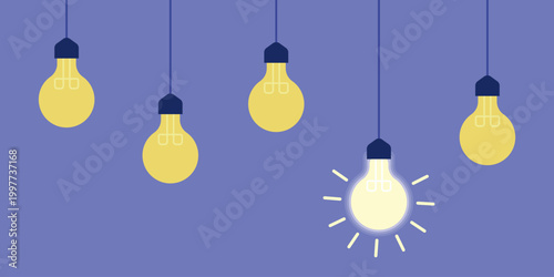Creative Hanging Light Bulb Illustration – Glowing Idea Concept Minimalist Flat Design on Purple Background