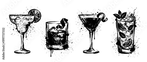 cocktail , Grunge brush distressed paint splatter vector set 