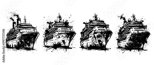 cruise ship , Grunge brush distressed paint splatter vector set 