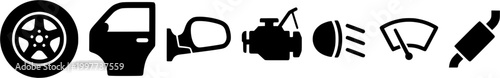 Comprehensive collection of essential car parts and automotive components presented as modern black glyph icons, perfect for mechanic shop promotions or vehicle maintenance guides.