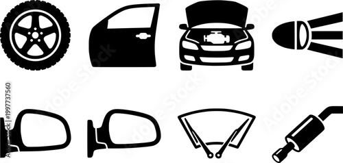 Comprehensive collection of essential car parts and automotive components presented as modern black glyph icons, perfect for mechanic shop promotions or vehicle maintenance guides.