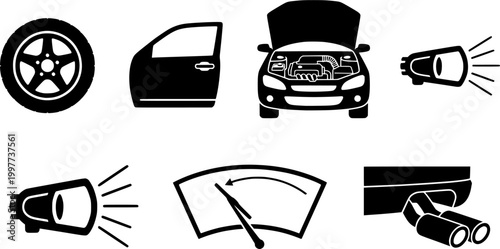 Comprehensive collection of essential car parts and automotive components presented as modern black glyph icons, perfect for mechanic shop promotions or vehicle maintenance guides.
