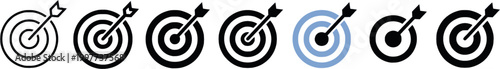 Target and arrow hitting the bullseye symbol set representing goal achievement and business success
