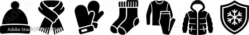 Essential black winter clothes icon set featuring warm beanie hat, cozy scarf, protective gloves, comfortable socks, and thermal underwear for cold weather preparation.