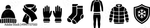 Essential black winter clothes icon set featuring warm beanie hat, cozy scarf, protective gloves, comfortable socks, and thermal underwear for cold weather preparation.