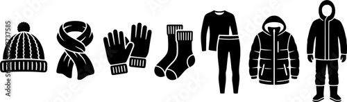 Essential black winter clothes icon set featuring warm beanie hat, cozy scarf, protective gloves, comfortable socks, and thermal underwear for cold weather preparation.