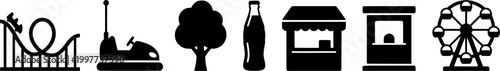 Amusement park icons roller coaster, bumper car, cotton candy, soda, and ticket booth for fun designs
