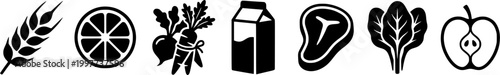 Essential food groups black silhouette icons representing grain, fruit, vegetables, dairy, and meat, perfect for nutrition guides, grocery applications, and healthy lifestyle advertisements.