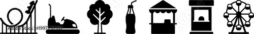 Amusement park icons roller coaster, bumper car, cotton candy, soda, and ticket booth for fun designs
