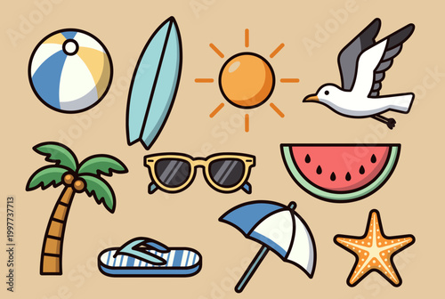 Colorful cartoon illustrations of various summer and beach vacation items including a beach ball, surfboard, sun, seagull, palm tree, sunglasses, watermelon, flip-flops, umbrella, and starfish.