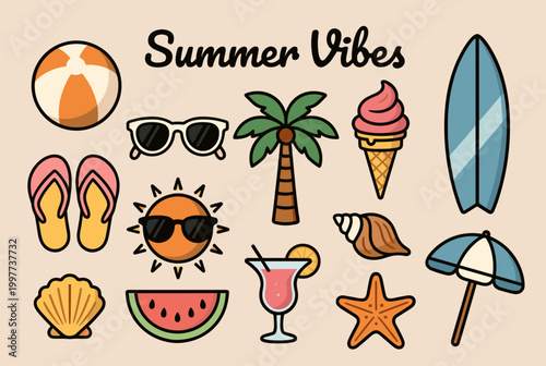 A vibrant collection of summer-themed cartoon icons including a beach ball, sunglasses, palm tree, ice cream, surfboard, flip-flops, sun, seashells, umbrella, cocktail, starfish, and watermelon.