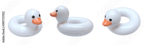 Cute white rubber duck swim ring float in glossy 3D style, shown from multiple angles. Realistic vector set, isolated, in clean shiny white. Modern 3D rendered inflatable duck floaties.