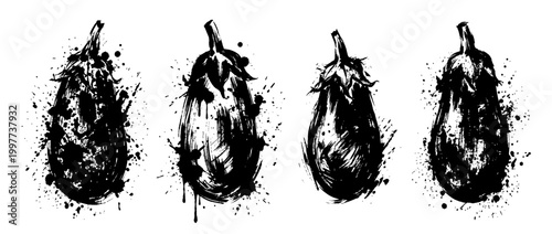 eggplant , Grunge brush distressed paint splatter vector set 