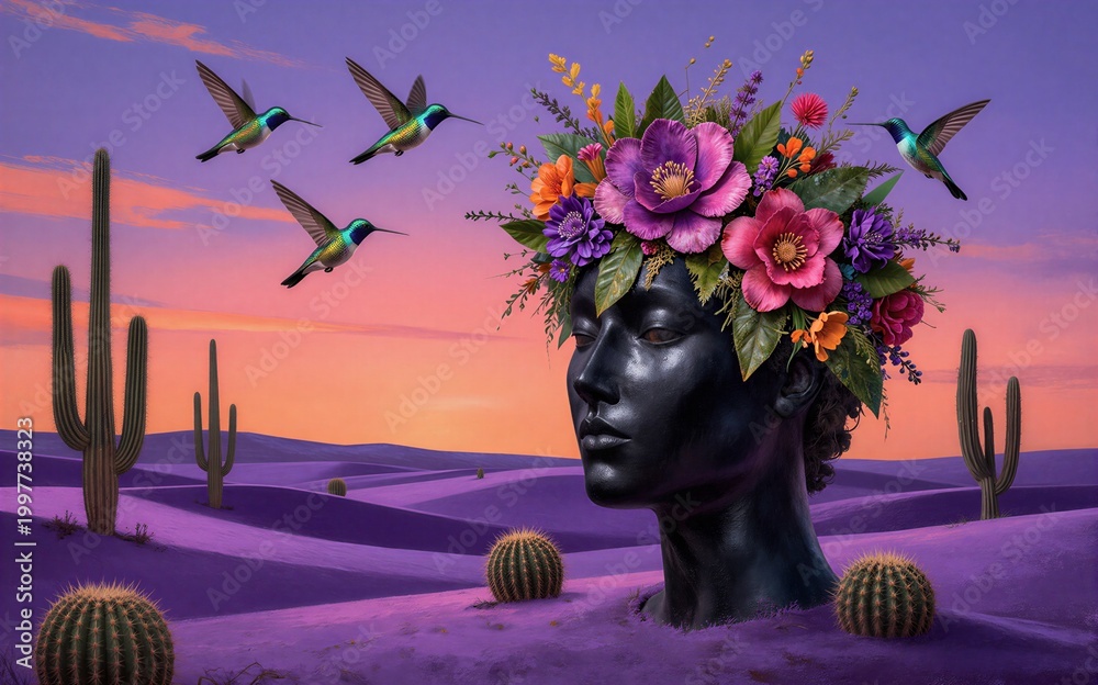 Fototapeta premium A serene desert scene with a floral head hummingbirds flying above.