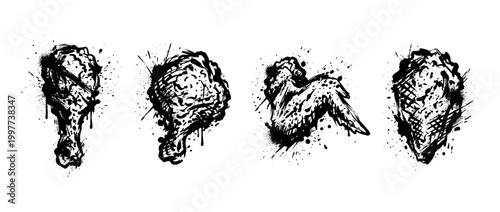 fried chicken , Grunge brush distressed paint splatter vector set 