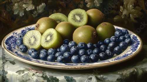 Still Life Fruit Platter with Kiwis and Blueberries.
