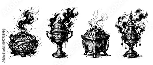 incense burner , Grunge brush distressed paint splatter vector set 