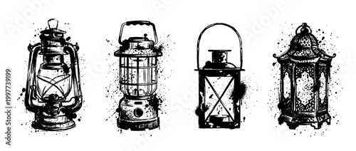 lantern , Grunge brush distressed paint splatter vector set 