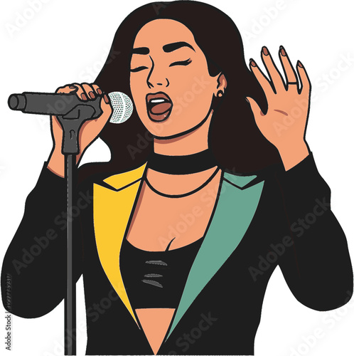 Female singer performing with microphone isolated on white background for music and entertainment concept