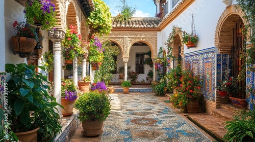 Beautiful Andalusian Courtyard with Flowers and Tiles.